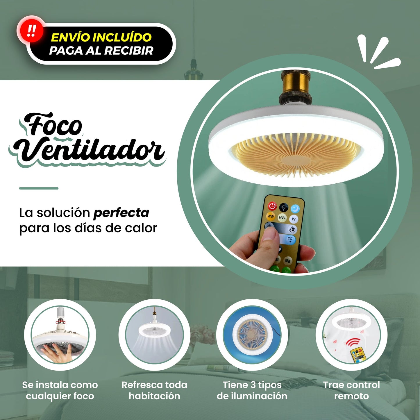 💡 LAMPARA VENTILADOR 2 EN 1 CON CONTROL REMOTO